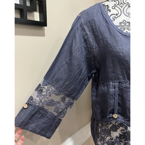 100% Linen Button Front Shacket Sz Med made in Italy Lagenlook Boho Hippie Blue - Picture 2 of 15